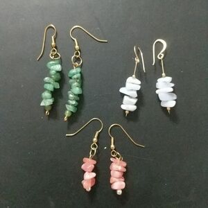 Set of 3 Gemstone Chip Dangle Statement Earrings - Green, Blue White, Co…